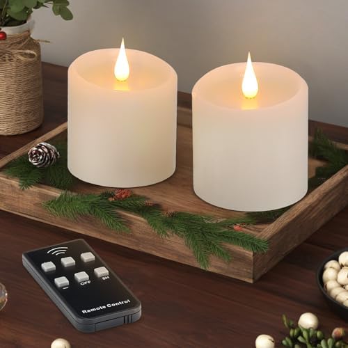 Flickering Flameless Candles, 3D Moving Flame Battery Operated Candles with Timer and Remote, Last 600 Hours Flameless Candles, Fake Candles, Real Wax Pillar Electric LED Candle 3x3 2 Pack