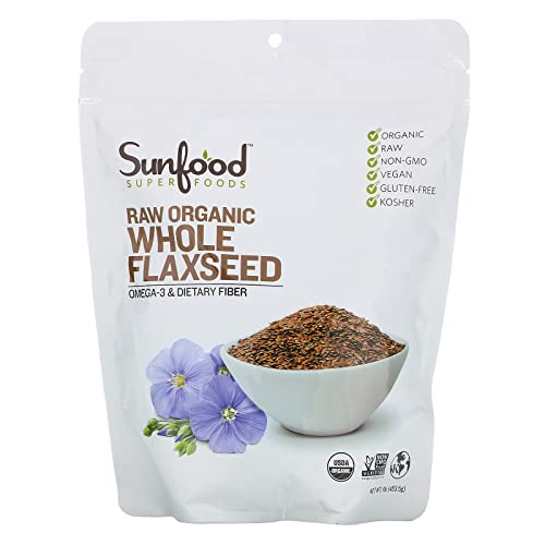 Sunfood Superfoods Raw Organic Whole Flaxseed - Flax Seed for Smoothies, Natural Fiber Source, Topping for Salad or Oatmeal, Non-GMO, Vegan, Gluten Free, Earth Kosher - 1 lb Bag