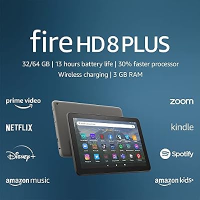 Amazon Fire HD 8 Plus tablet, 8 HD Display, 64 GB, 30% faster processor, 3GB RAM, wireless charging, (2022 release), Gray, without lockscreen ads