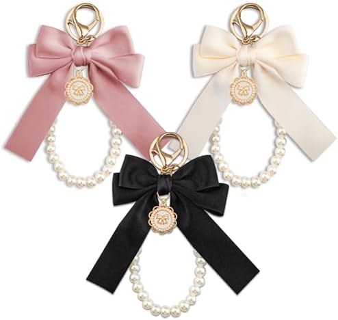 Bow Keychain Pearl Wristlet Girly Keychain For Purse Backpack 3Pcs Cute Accessories For Car Keys Wristlet Keychain For Women Girls Friends Pink White Black
