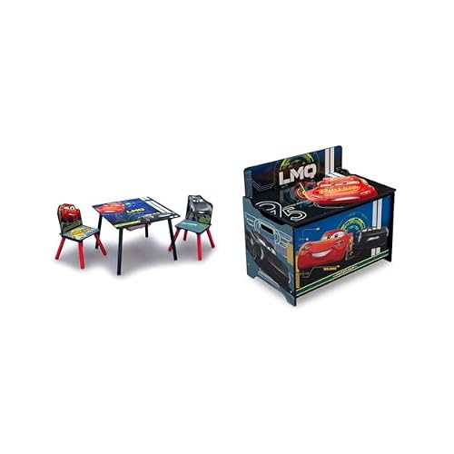 Delta Children Kids Table and Chair Set with Storage 2 Chairs Included - Ideal for Arts & Crafts, Snack Time, Homework & More, DisneyPixar Cars, 3 Piece Set & Deluxe Toy Box, DisneyPixar Cars