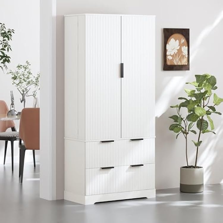 72 Fluted Kitchen Pantry Cabinet with 2 Large Drawers, 8 Door Shelves & 2 Drawers, Large Farmhouse Freestanding Storage Organizer for Kitchen, Dining Room, Living Room White