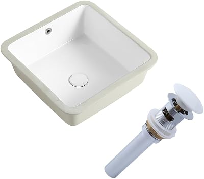 KINGWONG 16 Inch Small Square White Undermount Bathroom Sink 16.15 x 16.15 Vanity Basin Porcelain Rectangle Vessel Sink Opening Size 14.17 x 14.17 Lavamanos Para Baños with Pop UP Sink Drain