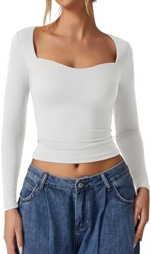 QINSEN Womens Slimming Fit Sweetheart Neck Long Sleeve Basic Crop Tops Stretch Going Out Tee Shirt