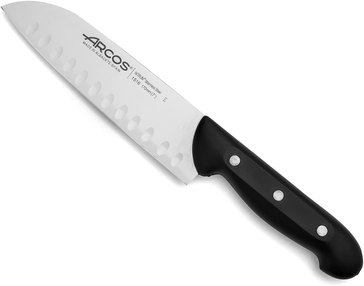 Arcos Santoku Küchenmesser aus Nitrum Edelstahl - Japanisches Küchenmesser für Fisch Fleisch und Gemüse Ergonomischer Griff aus Polyoxymethylen (POM) mit Klinge von 170 mm - Schwarz Serie Maitre