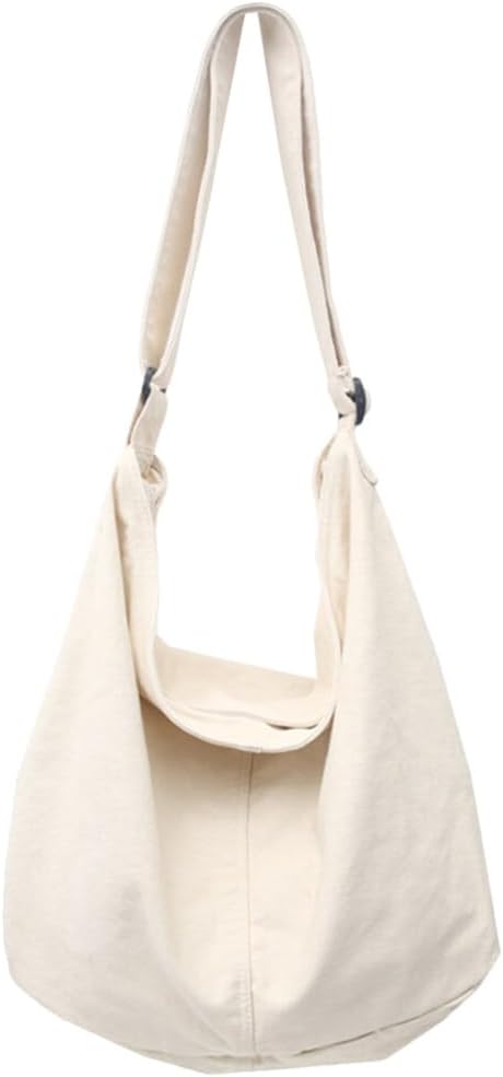 1Pc Canvas Hobo Crossbody Shoulder Tote Bag, Large Size Leisure Travel Bag Multi-function Bag, Casual Purse Messenger Bags for Students, White