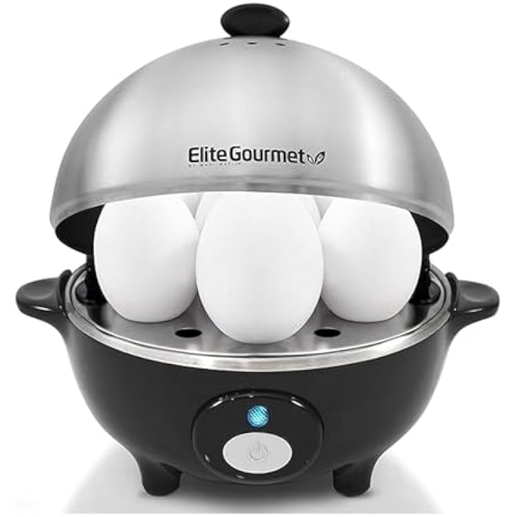 Elite Gourmet EGC-508 Rapid Egg Cooker, 7 Easy-To-Peel, Hard, Medium, Soft Boiled Eggs, Poacher, Omelet Maker, Auto Shut-Off, Alarm, 16-Recipe Booklet, Stainless Steel
