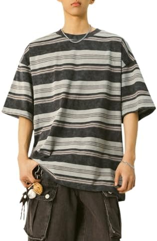 Mens Y2K Striped Baggy T-Shirt Alt Emo Summer Crewneck Short Sleeve Streetwear Top Harajuku Grunge Aesthetic Tees