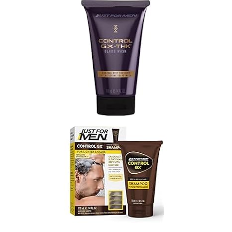 Just for Men Control GX + THK Grey Reducing and Thickening Beard Wash, 4 oz (Pack of 1) + Just for Men Control GX Grey Reducing Shampoo for Lighter Shades of Hair, 4 Fl Oz (Pack of 1)