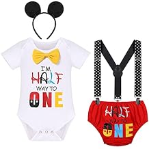 Baby Boy Half Way To One Birthday Cake Smash Outfit Romper+Diaper Cover+Suspenders+Headband 4pcs Set Photo Shoot