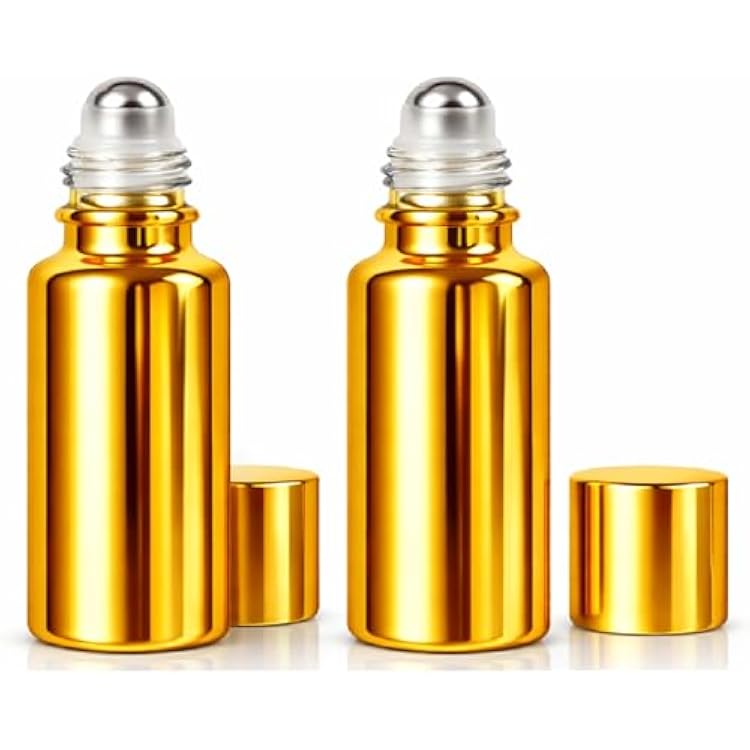 Refillable Roll On Bottles 20ml0.67oz 2 Pack Gold Perfume Oil Roller Bottles with Stainless Steel Roller Ball Leakproof Travel Size Glass Containers for Essential and Fragrance Oils