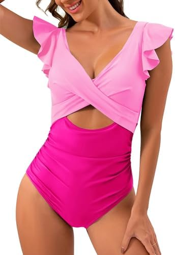 ODIZLI Womens Tummy Control Swimwear Flutter Sleeve V Neck Cutout Ruffle Swimsuit Bathing Suit SolidStripeFloralPrint