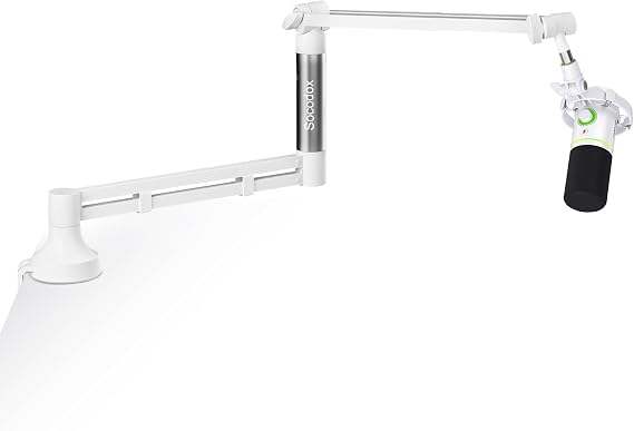 Low Profile Microphone Arm – White, 2kg Load Capacity, 7cm Clamp | Compatible with Blue Yeti, 3/8" & 5/8" Adapters Included, for Streaming, Podcast & Gaming