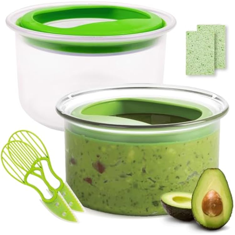 WodGod Guacamole Keeper2 Pcs, Guacamole Bowls, Avocado Keeper Fresh Guacamole Plastic Kitchen Storage Container with Air Tight Lid, 3-in-1 Avocado Slicer2 and 2 Cleaning sponges