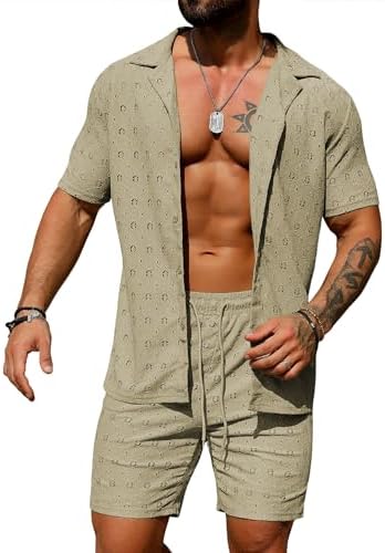 URRU Men's 2 Pieces Outfits Summer Beach Set See Through Sheer Short Sleeve Flower Lace Shirts and Shorts Sets