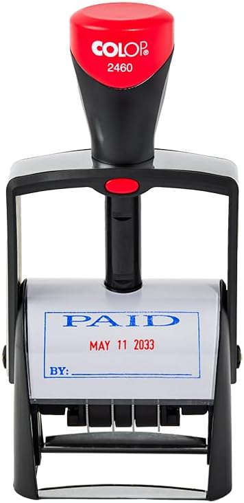 COLOP 2460 Self-Inking Date Stamp, Blue & Red Ink, Paid, 27mm x 58mm