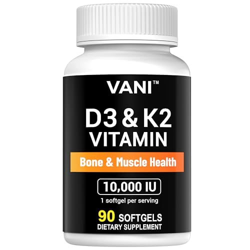 VANI Vitamins D3 10000iu250mcg  K2 as Mk7, for Bone & Muscle & Teeth Health, 90 SOFTGELS