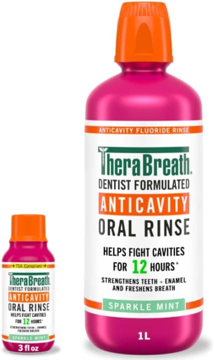 TheraBreath Anticavity Fluoride Mouthwash, Sparkle Mint, Dentist Formulated, 1 Liter (33.8 fl oz) + Travel Size, 3 fl oz