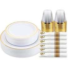 M MCIRCO 175 Piece Gold Dinnerware Set - 50 Plastic Plates, 25 Cups, 25 Pre Rolled Napkins with Plastic Silverware, Disposable Gold Dinnerware Set for 25 Guest