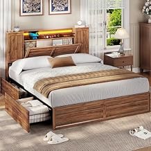 VIAGDO Farmhouse Full Size Bed Frame with Headboard and Double Barn Door Storage Cabinets, Rustic Wooden Bed Frame Full with Charging Station, 4 Drawers and LED Lights, No Box Spring Needed, Brown