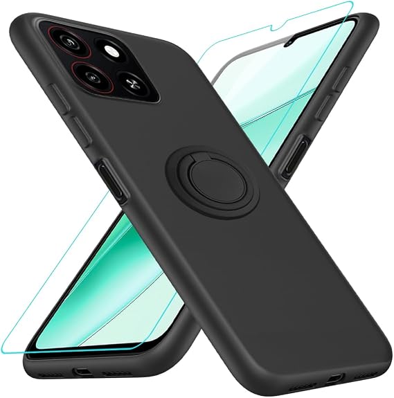 Case for ZTE Blade A35/ZTE Blade A55 Phone Case with Screen Protector, 360 Rotatable Ring Holder Kickstand/Stand Silicone TPU Slim Fit Shockproof Protective Cover Case for ZTE Blade A35/A55 - Black