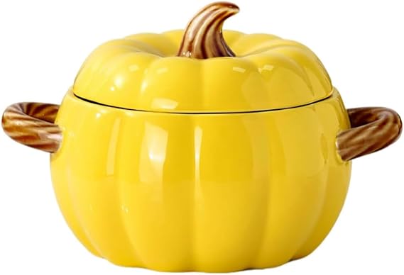 JUSTUP Dutch Pot with Lid, Pumpkin Shaped Ceramic Dessert Bowl, Cute Pumpkin Bowl, Pumpkin Shaped Clay Pot Safe for Microwave and Dishwasher, Ideal Kitchen Decoration and Gift for Halloween (Yellow)