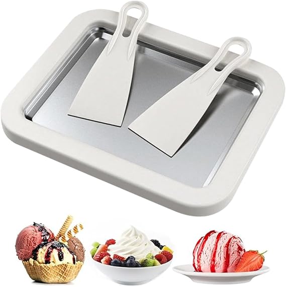 Ice Cream Roller Maker, Mini Freezable Roll Plate Stainless Steel Ice Cream Roller Pan with 2 Scrapers DIY Instant IceCream Maker for Rolled IceCream, Sorbet, Yogurt, Gelato (White)
