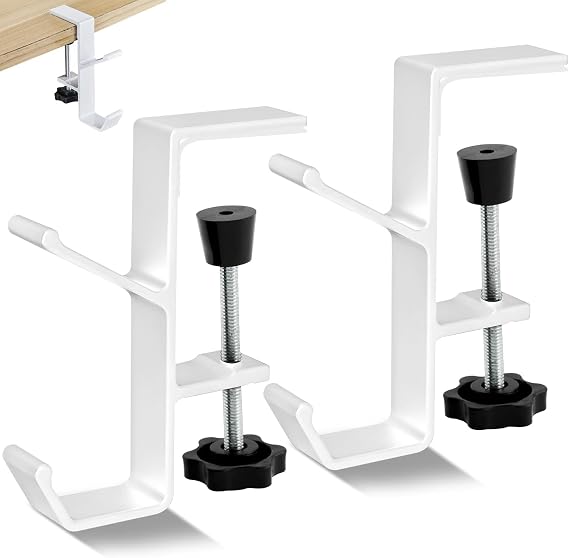 3PCS Desk Mount Bag Holder Hook Clamp,On Backpack Hanger Portable Desk Mount Headphones Holder for Reduce Desk Clutter Table Desk Table Hanging Storage (White)