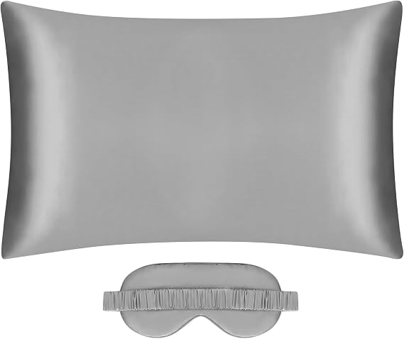 Silk Zippered Pillowcase & Silk Eye Mask with Elastic Band Gift Set, Silver Gray King 20x36