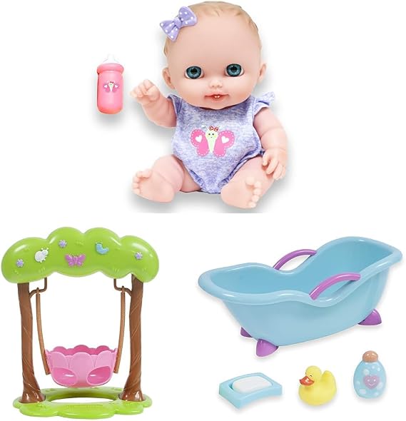 JC Toys Bundle of Lil Cutesies 8.5" All Vinyl Baby Doll | Washable | Swing s 4-Piece Blue and Pink Baby Doll Bath Gift Set