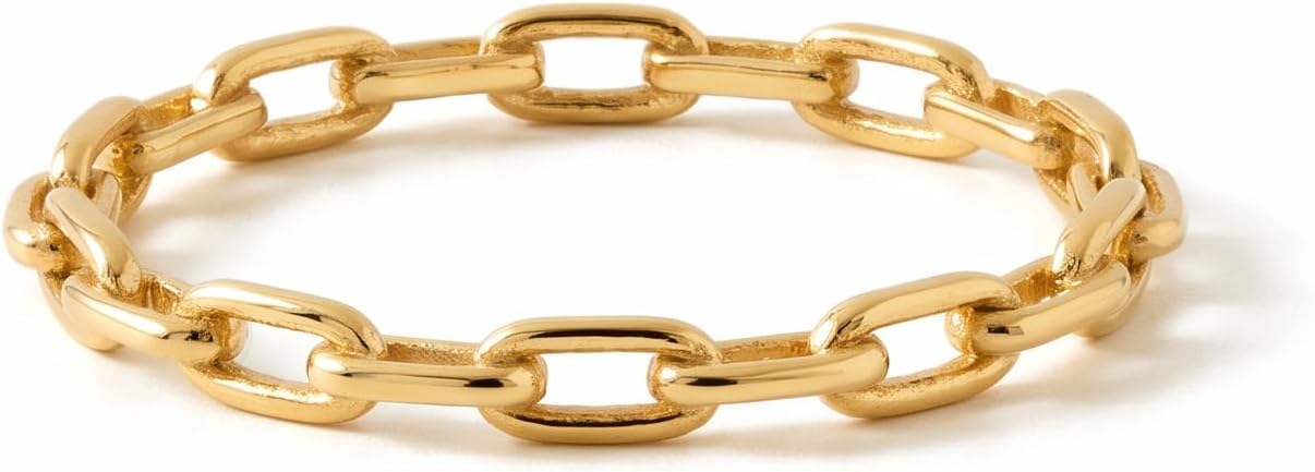 Gelin 10K Solid Gold Paperclip Chain Ring for Women - Dainty Link Band Stackable Ring - Minimalist Gold Band