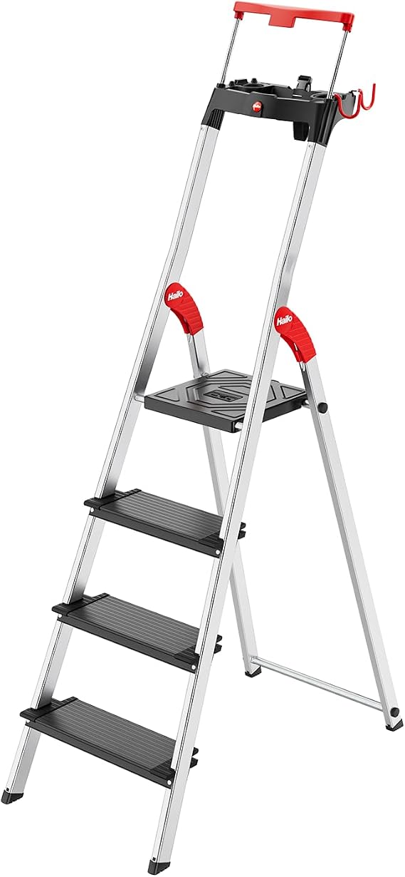 Hailo TopLine L100 8050-307 Aluminium Safety Stepladder with Multifunctional Shell, Safety Holder, Platform Lock and 130 mm Extra-Deep Steps, Black, 8050-407