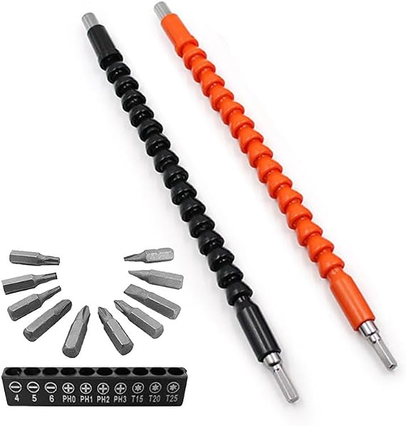 2 Pack Flexible Drill Bit Extension with 10 Drill Bit Sets, YTFGGY 11.8 inch Magnetic Hex Soft Shaft, Flexible Screwdriver Extension for Connect Drive Shaft Tip Drill Bit Kit Adaptor (BO)