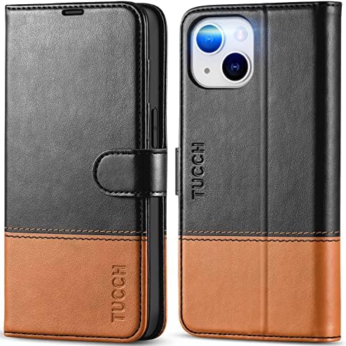TUCCH Wallet Case for iPhone 14 5G, [RFID Blocking] Card Slot Holder Stand [Shockproof TPU Interior Case] PU Leather Magnetic Protective Flip Cover Compatible with iPhone 14 6.1, Black & Brown