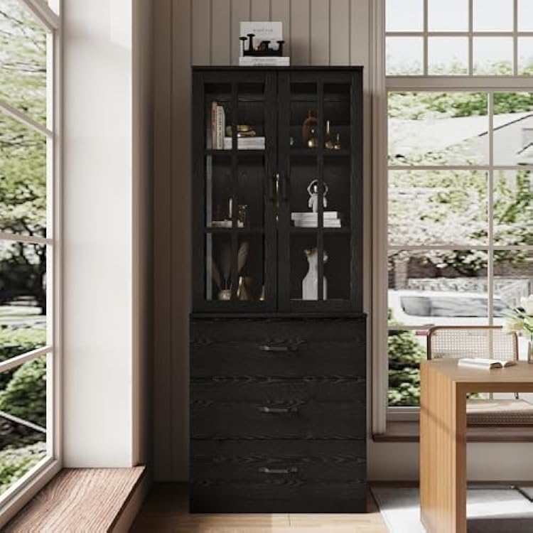 VOWNER Bookcase with Glass Door, 5-Tier Modern Bookshelves with 3 Large Drawer, Glass Display Cabinet with Lager Storage Shelf, Combination Storage Shelves for Home Office, CBlack