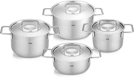 Fissler Pure Collection Stainless Steel Saucepan Set 4 Pieces Pots with Metal Lids (3 Cooking Pots 1 Stewing Pot) - Induction