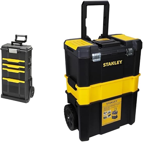 STANLEY Rolling Workshop Toolbox, Detachable Toolbox with Drawers, Flip Bin, Back Pocket, 7" Heavy Duty Wheels, 3 Tier Stackable Units