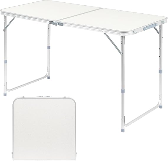 Folding Camping Table 4 Ft Foldable Picnic Table Portable 3 Height Adjustable Aluminum Camp Table Outdoor for Card BBQ White