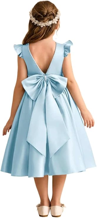 Bow Beaded Flower Girl Dresses Wedding Satin Junior Bridesmaid Dress Short Princess Pageant Gown Kids