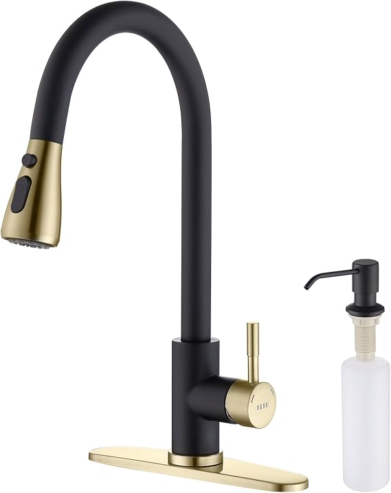 Keer Matte Black Single Handle Pull Down Kitchen Faucet with Soap Dispenser, 3 Modes Sprayer, Easy Assembly, Single Handle High Arc Stainless Steel Faucet.