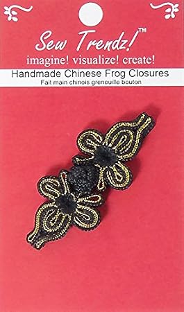 Chinese Frogs Button Closures Hook & Eye Fastener - Sewing Quilting Renaissance Costumes Coats Capes Jackets-Black & Gold-2.75"x1"-Butterfly Design - 1 Pair/pk - #4691