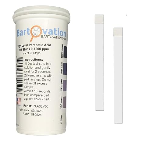 Bartovation Peracetic Acid Test Strips, High Level, 0-1000 ppm, 50-Pack