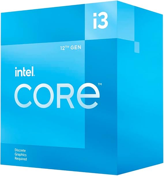 Intel CoreTM 12th Gen i3-12100F desktop processor, featuring PCIe Gen 5.0 & 4.0 support, DDR5 and DDR4 support. Discrete graphics required.