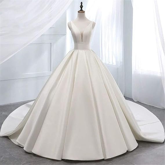 Bride wedding dress Double Shoulder V-neck Satin Short Sleeves Long Evening Lace A Line Wedding Dress Wedding lace (Color : White Size : 2) (White 8)