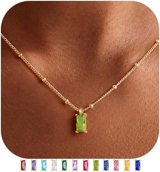 Yoosteel Birthstone Necklace for Women,Dainty 14K-Gold-Plated CZ Necklaces | Cubic Zirconia Pendant Birthstone Necklaces,Friendship Birthday Bridesmaid Gifts, Simple Satellite Chain,Trendy Jewelry