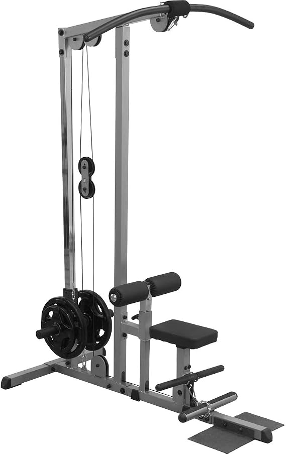 Body-Solid (GLM83) Pro LAT Machine with Low Row Bar - Multi-Position Foam Rollers, Includes 48" LAT Bar & 20" Straight Bar, Smooth Nylon Bushings