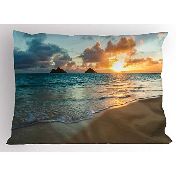 Lunarable Hawaiian Pillow Sham, Scenic Sunrise Over Ocean Rocks Sand Clouds Sunshine Tide Sunbeam Seashore, Decorative Standard King Size Printed Pillowcase, 36 X 20, Yellow Turquoise