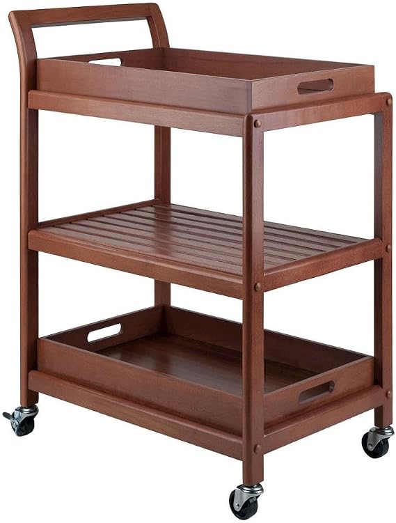 Furnifact Solid Wood Kitchen Cart On Wheels with Two Removable Serving Trays, Slatted Shelf, and Locking Casters, Versatile Bar Cart