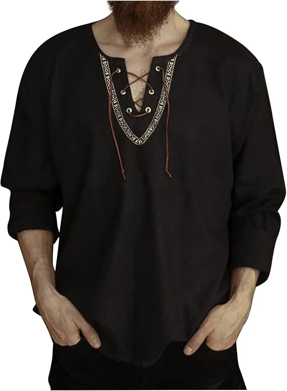 Shirts for Men Fashion Long Sleeve Drawstring V Neck Vintage Medieval Pullover T Shirt Casual Tees Trendy Clothes