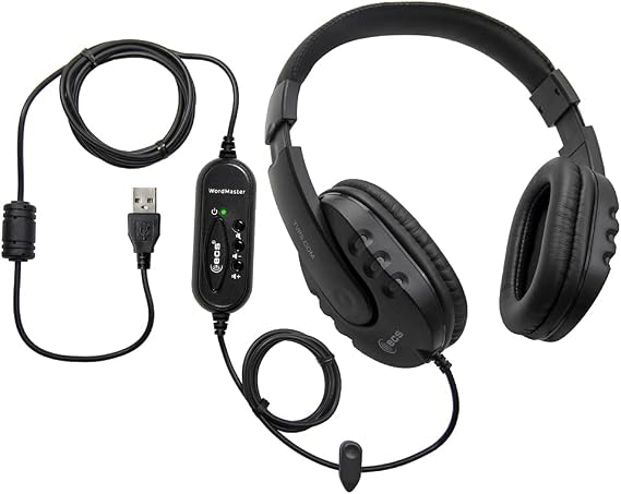 ECS WordMaster Transcription USB Headset, Over-Head, Padded Around-Ear | 7-Foot Cord, Superb Audio Clarity, External Sound Card, Ideal for Transcribing Medical & Legal Dictation